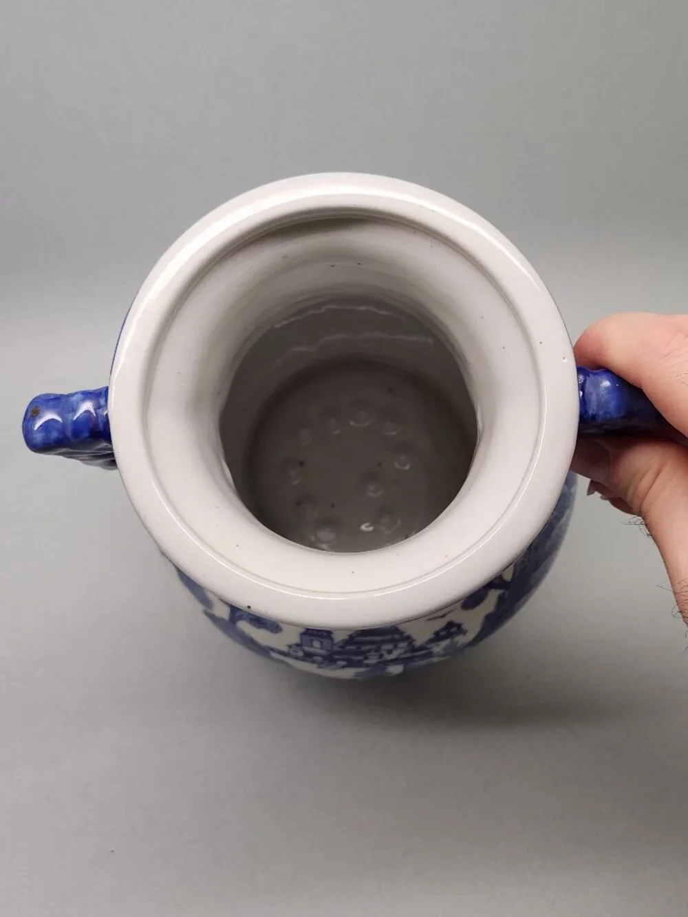 Chinese Blue and White Two Handled Vase / Hand Painted / 9 Inches Tall